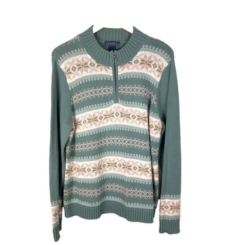 Koret Vintage Fair Isle Sweater Womens Large Green Snowflake Nordic 1/4 Zip